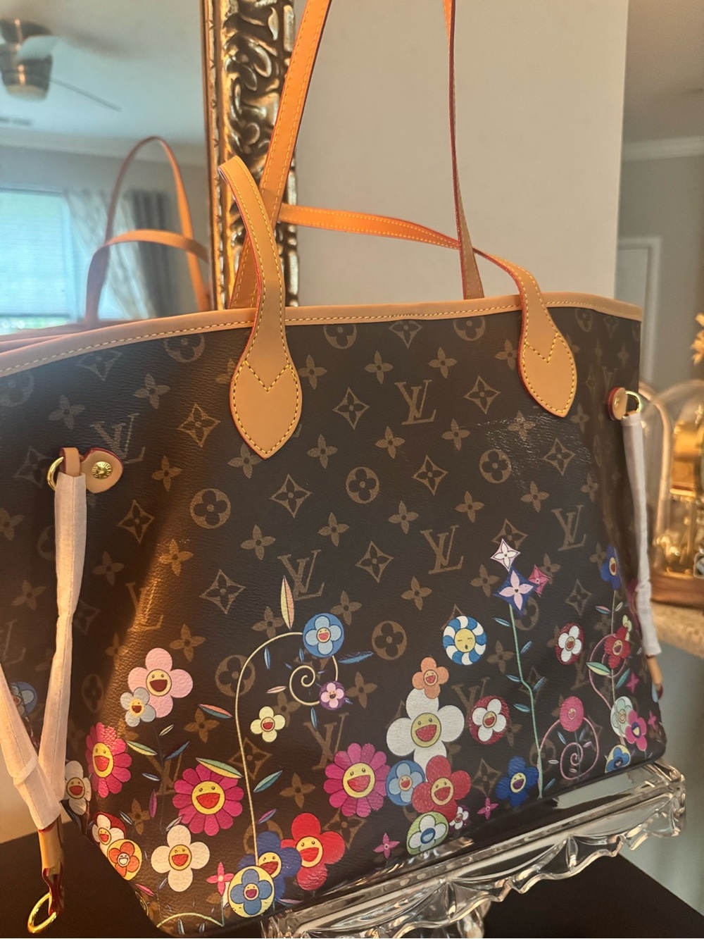 Canvas Tote with Multicolor Floral Print - Brown